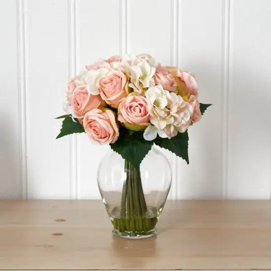 12" Pink & White Rose & Hydrangea Bouquet Arrangement in Glass Vase {3}