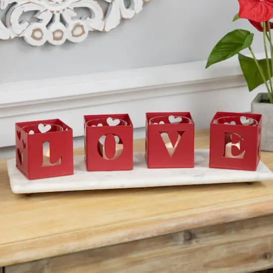 Valentine's Day Red Love Blocks Metal Votive Candle Holders Set {4}