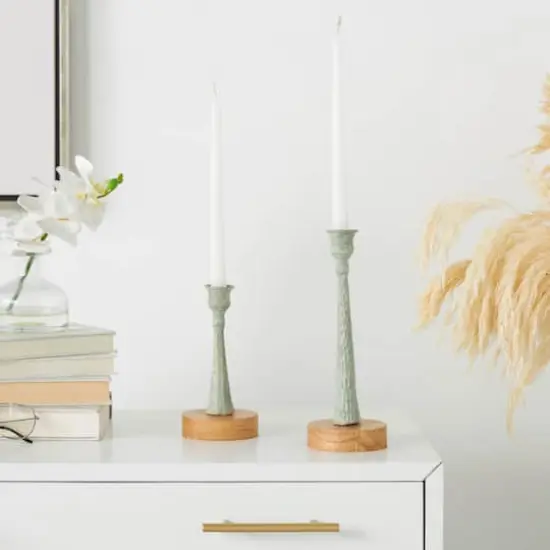 Light Blue Metal Textured Tapered Candle Holder Set {3}