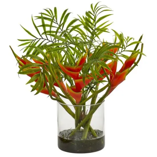 14" Mini Heliconia & Palm Tropical Arrangement in Glass Vase {1}
