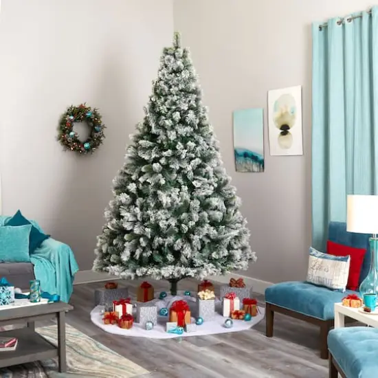 9ft. Pre-Lit Flocked Oregon Pine Artificial Christmas Tree, Clear LED Lights {8}