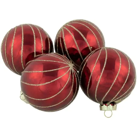 4ct. 3" Burgundy Red and Gold Glitter Striped Glass Christmas Ball Ornaments {4}