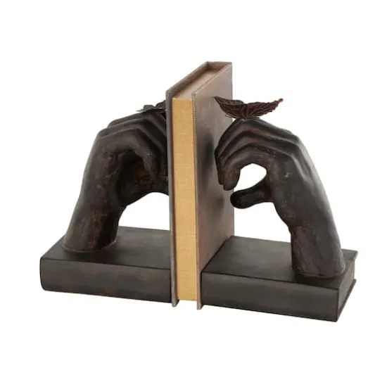 7.5" Dark Brown Hands Heart Inspired Decorative Bookend Set with Butterfly & Copper Accents {7}