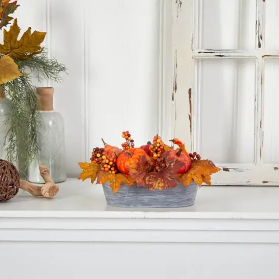 12" Pumpkin & Berries Autumn Harvest Arrangement In Washed Vase {6}