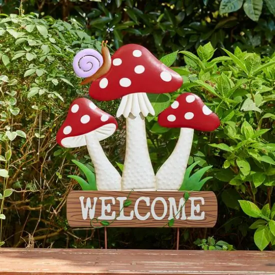 Glitzhome&reg; 32" Metal & Wood Triple Mushrooms Yard Stake {6}