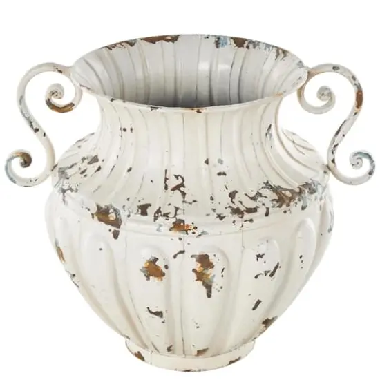 10" Distressed Cream Metal Vintage Amphora Vase {1}