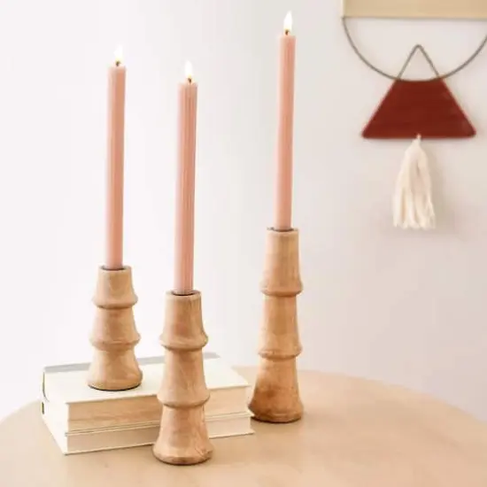 Hello Honey&reg; Wooden Waves Taper Candle Holder Set Natural Finish {6}
