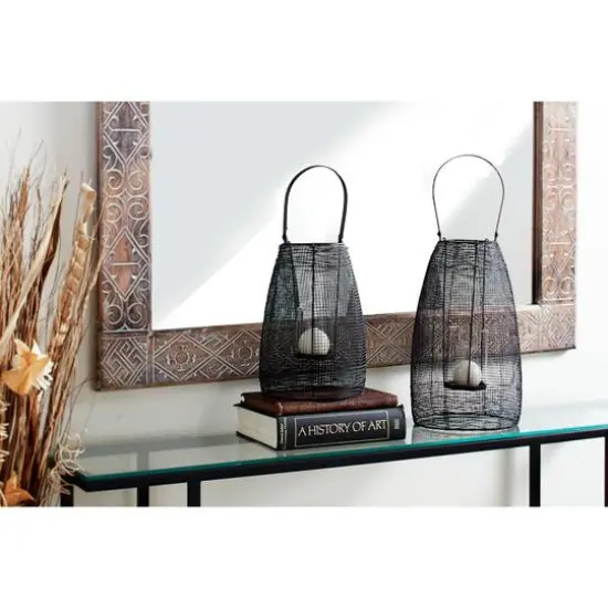 Black Iron Modern Candle Holder Lantern, 13" x 8" x 8" {9}