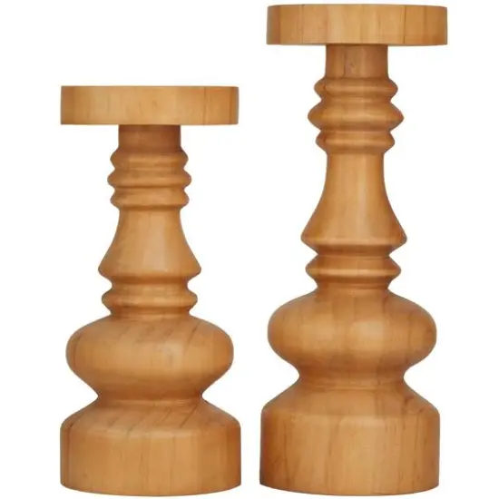 Brown Wood Round Turned Style Pillar Candle Holder Set {5}