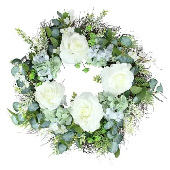 24" White & Blue Peony, Geranium & Eucalyptus Artificial Twig Spring Wreath {1}