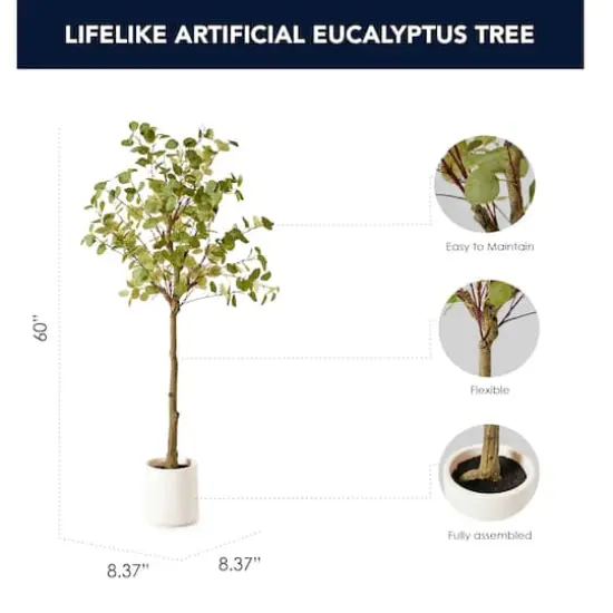 American Art Decor 5ft. Realistic Artificial Eucalyptus Tree Faux Plant in a White Pot  {5}