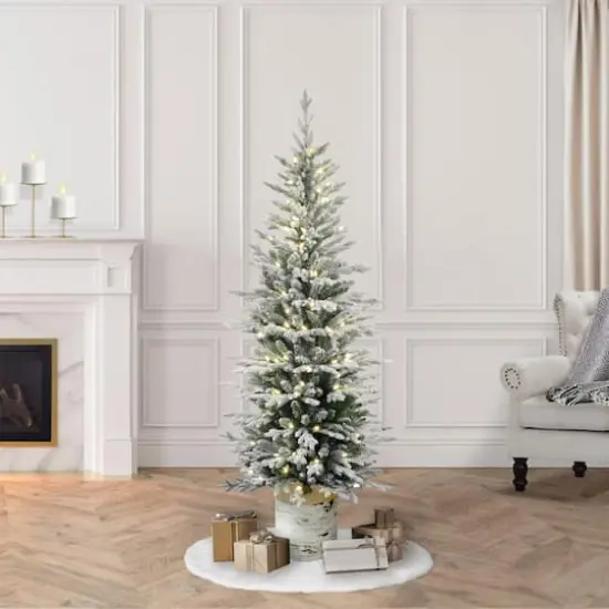6ft. Pre-Lit Flocked Arctic Fir Pencil Artificial Christmas Tree, Warm White LED Lights {6}