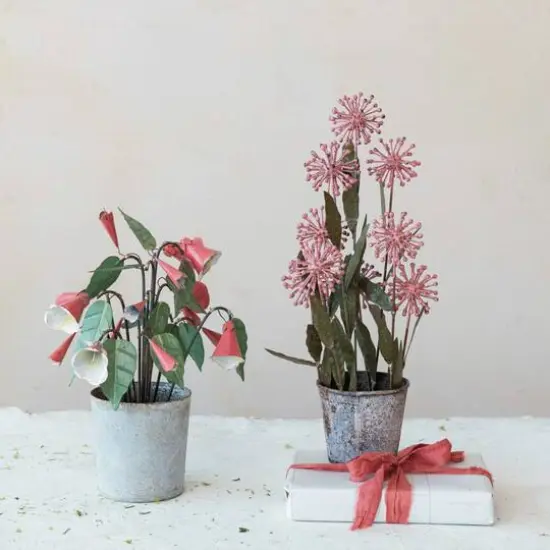 Hello Honey&reg; 14" Pink & Green Metal Flower Pot Decor with Faux Flowers {3}