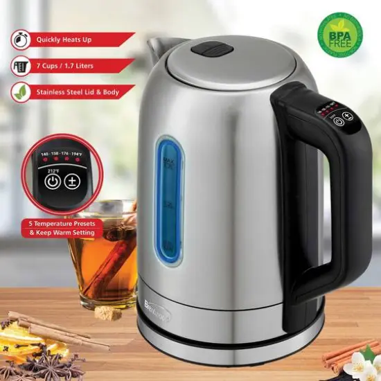 Brentwood 1.79qt. 1,500 Watt Cordless Digital Stainless Steel Kettle With 5 Temperature Presets & Swivel Base {5}