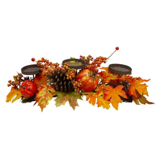 21" Orange Fall Harvest Leaves & Pumpkins Candle Holder {1}