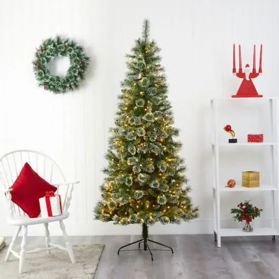 7ft. Pre-Lit Wisconsin Slim Snow Tip Pine Artificial Christmas Tree with Clear LED Lights {6}