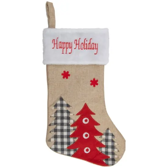 19" Beige & Red Burlap Happy Holidays Forest Trees Christmas Stocking {1}