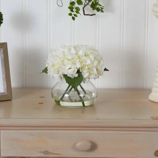 9" White Hydrangea Arrangement in Glass Vase {6}