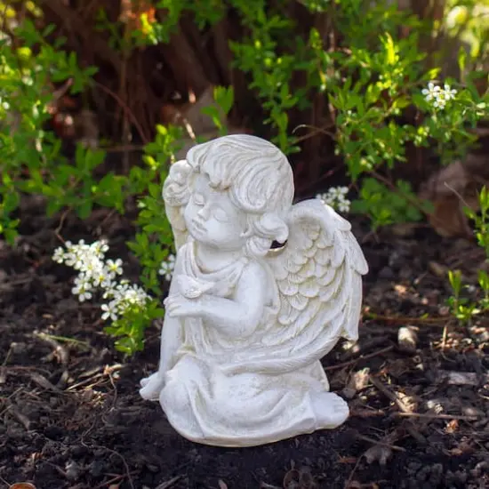 6.5" Ivory Sitting Cherub Angel with Bird Outdoor Statue {3}