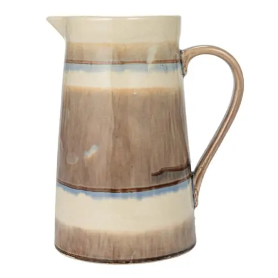 Hello Honey® 8.25" Brown & Cream Round Stoneware Pitcher with Stripes & Crackle Glaze {4}