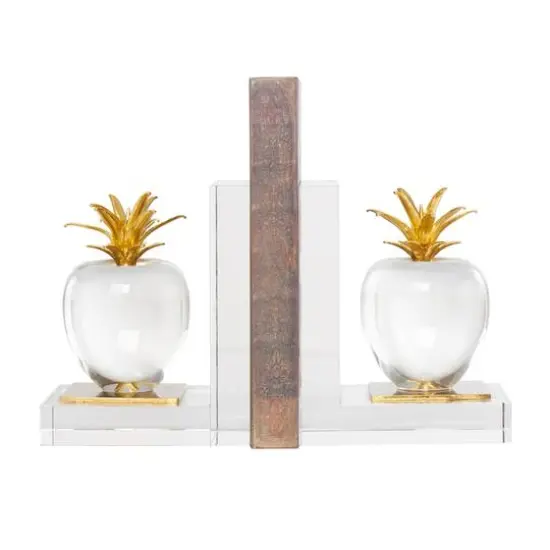 6" Clear Crystal Fruit Apple Bookends with Gold Leaves Set {6}