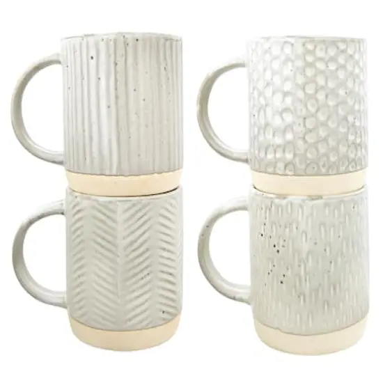 Hello Honey® Cream Debossed Reactive Glaze Stoneware Mug Set {1}