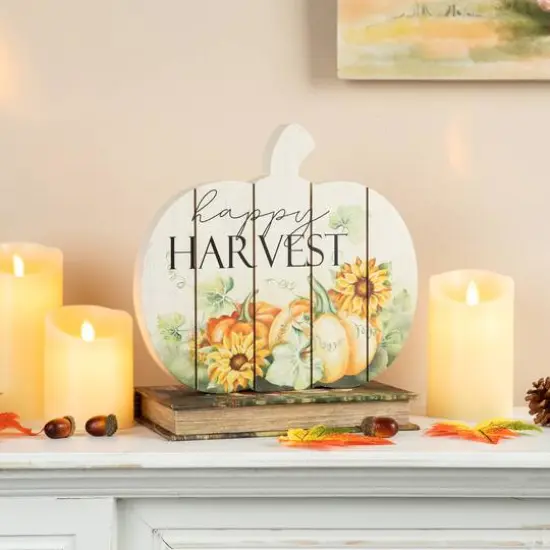 Glitzhome&reg; 9.75" "Happy Harvest" Wooden Pumpkin Table Sign {3}