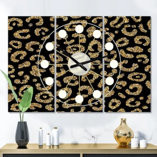 Designart Golden Leopard Fur Oversized Mid-Century Modern 3 Panel Wall Clock {3}
