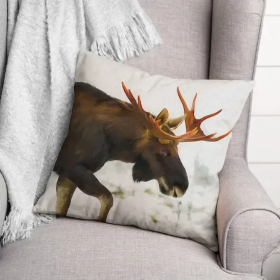 Moose In Snow 18x18 Throw Pillow {3}