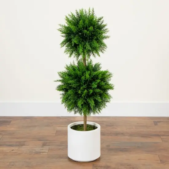 3.5ft. UV Resistant Cedar Double Ball Topiary Tree in White Decorative Planter {7}