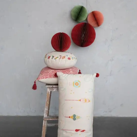 Hello Honey&reg; 18" Red, White & Gold Printed Cotton Pillow with Tassels {3}