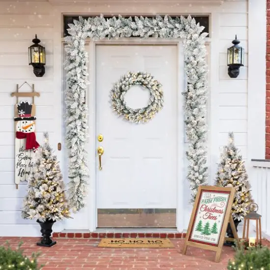 Glitzhome&reg; 36" Oversized Pre-Lit Snow Flocked Christmas Wreath & Garland Set {3}