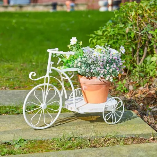 Glitzhome&reg; 18" White Metal Tricycle Planter Stand with Solid Wood Tray {3}