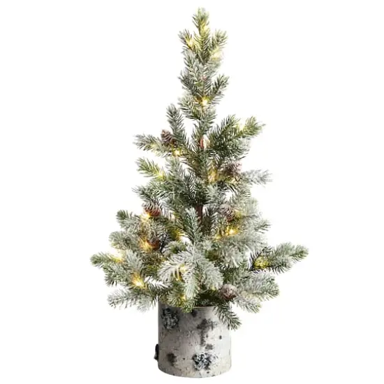 2ft. Pre-Lit Flocked Artificial Christmas Tree in Decorative Birch Bark Planter, LED Lights {1}