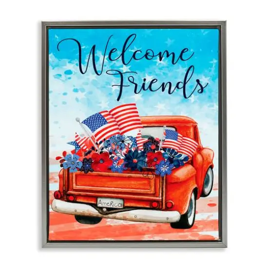 Stupell Industries Welcome Friends Americana Pickup Truck Floater Framed Art Gray {1}