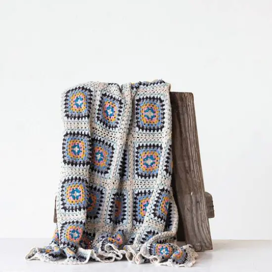 Hello Honey&reg; Multicolor Block Pattern Hand-Woven Reclaimed Cotton Crocheted Throw {3}