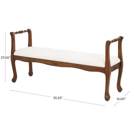 55" Cream Fabric Arm Bench with Brown Traditional Wood Turned Legs {8}