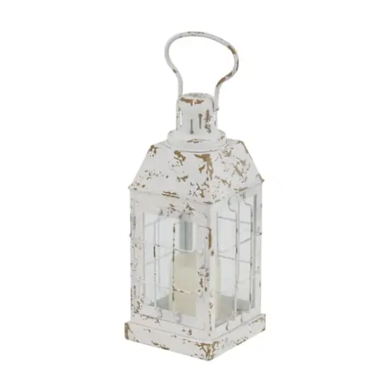 White Iron Vintage Candle Holder Lantern, 14" x 7" x 7" {1}