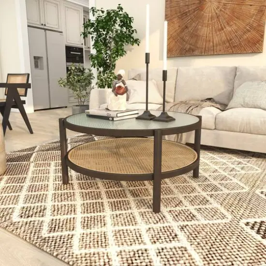 34" Brown Rattan Coffee Table with Pressed Tempered Glass Top {13}