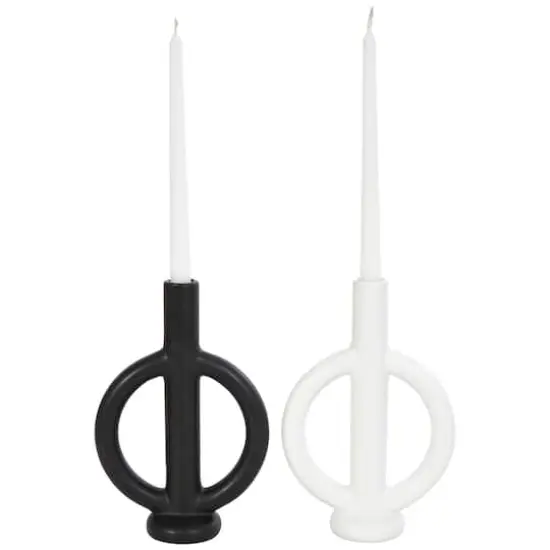 CosmoLiving by Cosmopolitan 10" Black & White Ceramic Geometric Ring Taper Candle Holder Set {11}
