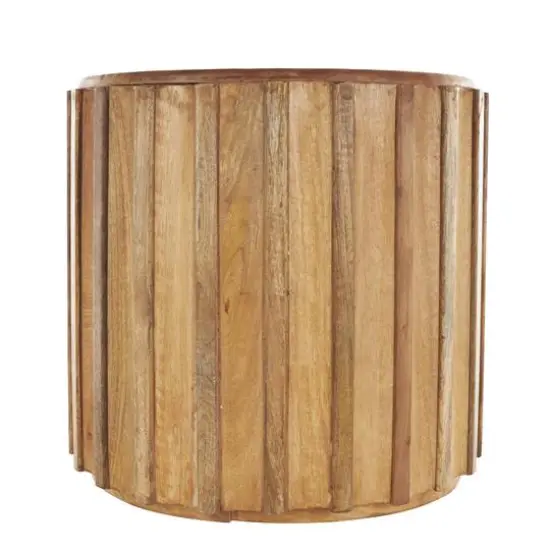 18.25" Brown Mango Wood Handmade Concaved Curve Drum Accent Table with Ridges {7}