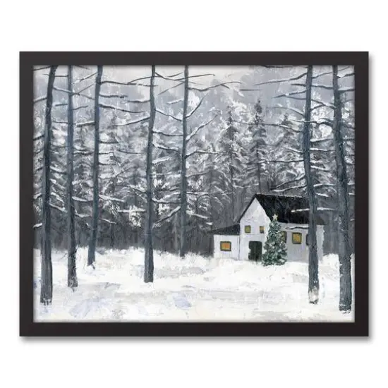 Painted Winter Cottage Black Framed Canvas Wall Art {1}