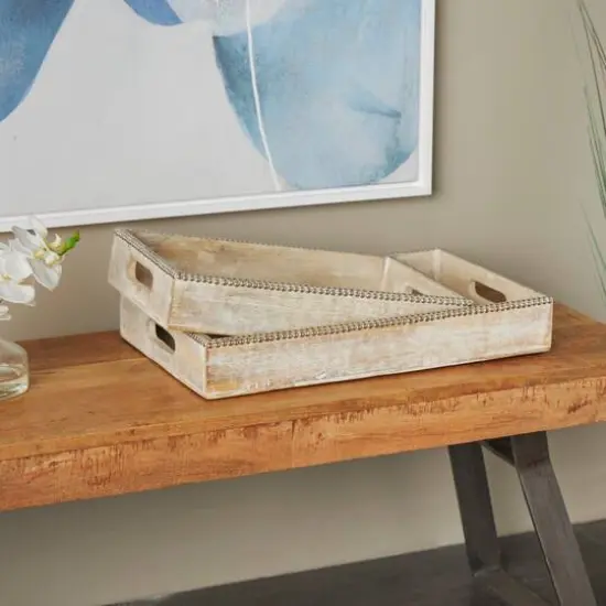 Light Brown Mango Wood Trays with Silver Beaded Rim, 2ct. {11}