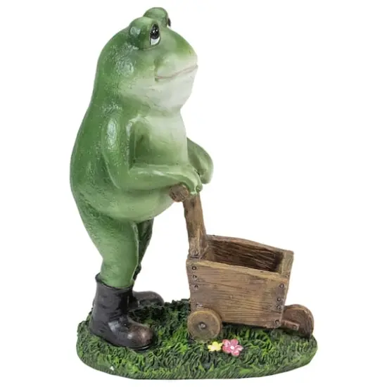 11.5" Green Frog Pushing Wheelbarrow Outdoor Garden Statue {5}