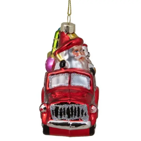 4" Red Fire Truck With Santa & Presents Glass Christmas Ornament {4}