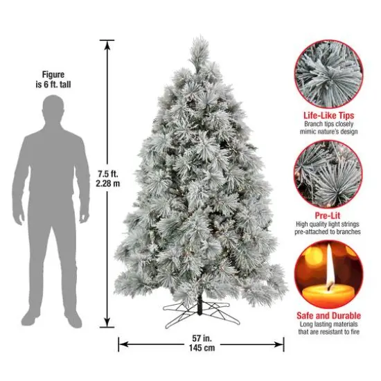 7.5ft. Pre-Lit Flocked Bavarian Pine Artificial Christmas Tree, Clear Lights {9}