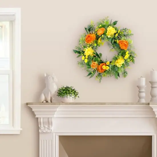 24" Orange & Yellow Spring Peony Floral Wreath {3}