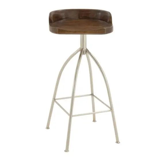 Brown Iron and Wood Contemporary Bar Stool, 33" x 16" x 12" {1}