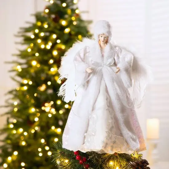Glitzhome&reg; 16" White Faux Fur Christmas Angel Tree Topper {3}