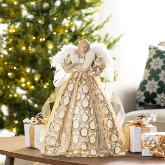 Glitzhome® 18.5"H Faux Fur & PVC Christmas Elegant Angel Tree Topper with Porcelain Face {3}
